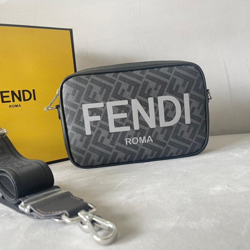FENDI ROMA 22 CLUTCH BAG IN DARK GREY FF CALFSKIN SILVER HARDWARE WITH WHITE LOGO