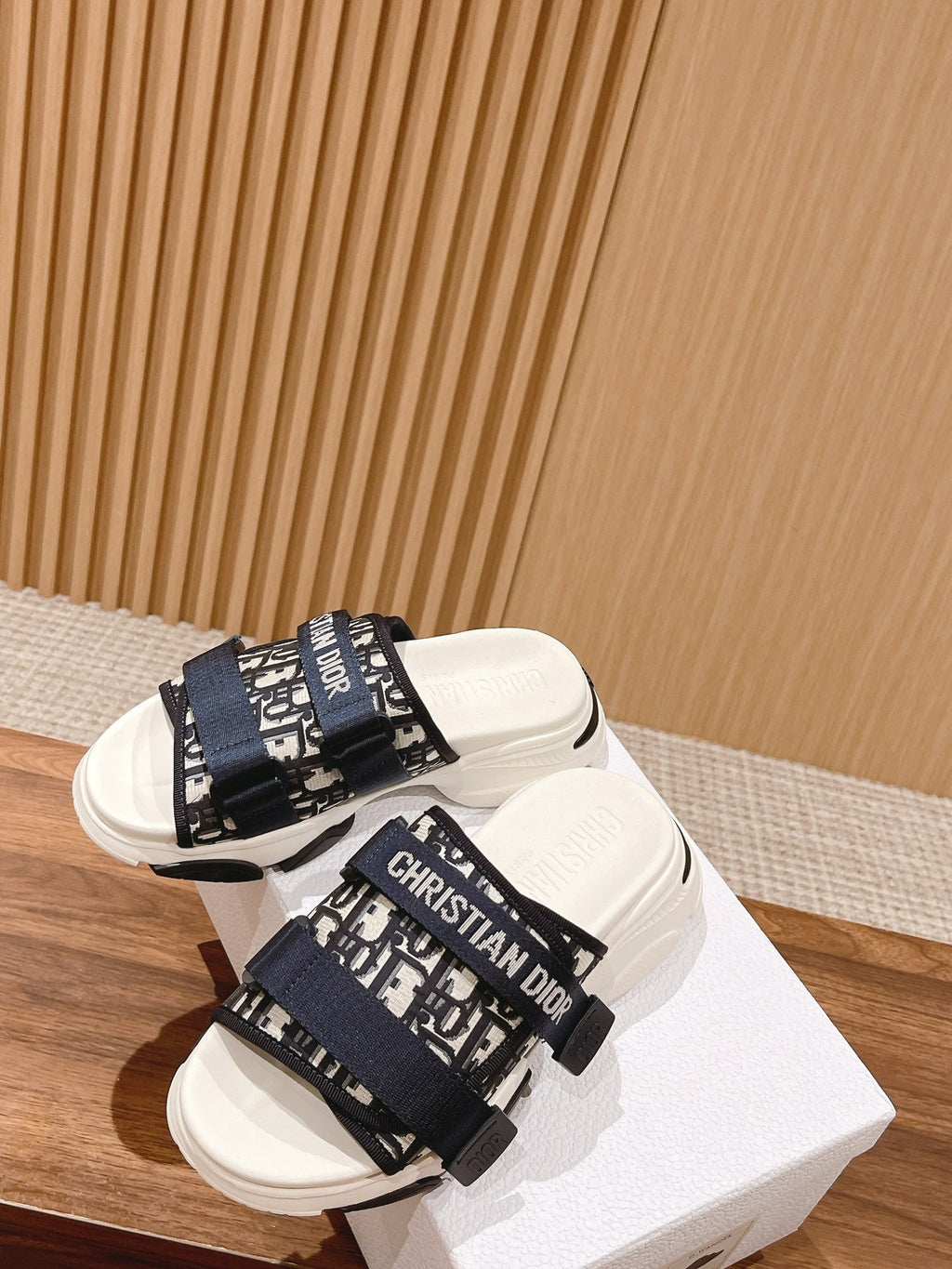 DIOR PLATFORM SLIDES 25S 30 MM IN MIDNIGHT BLUE MIX WHITE FABRIC AND CALFSKIN