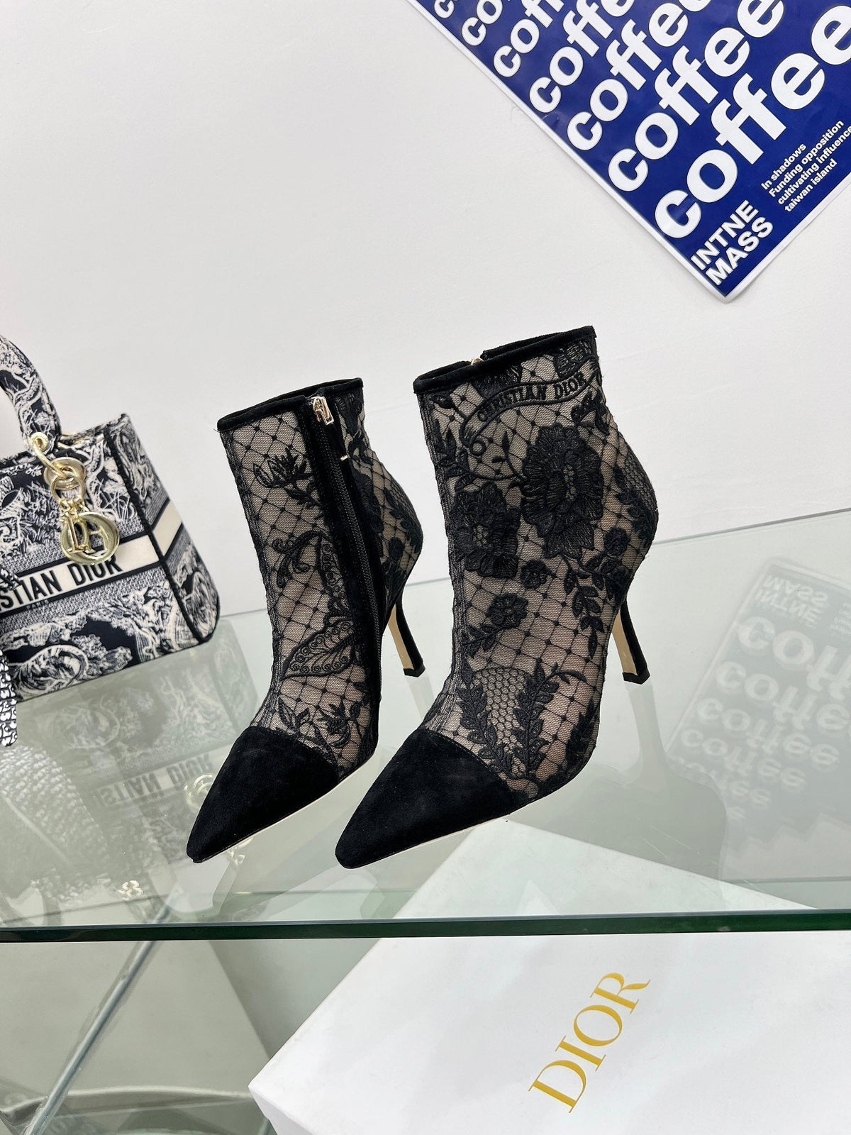 DIOR 25S POINTED-TOE ANKLE BOOTS 95 MM IN BLACK MESH TULLE AND SUEDE