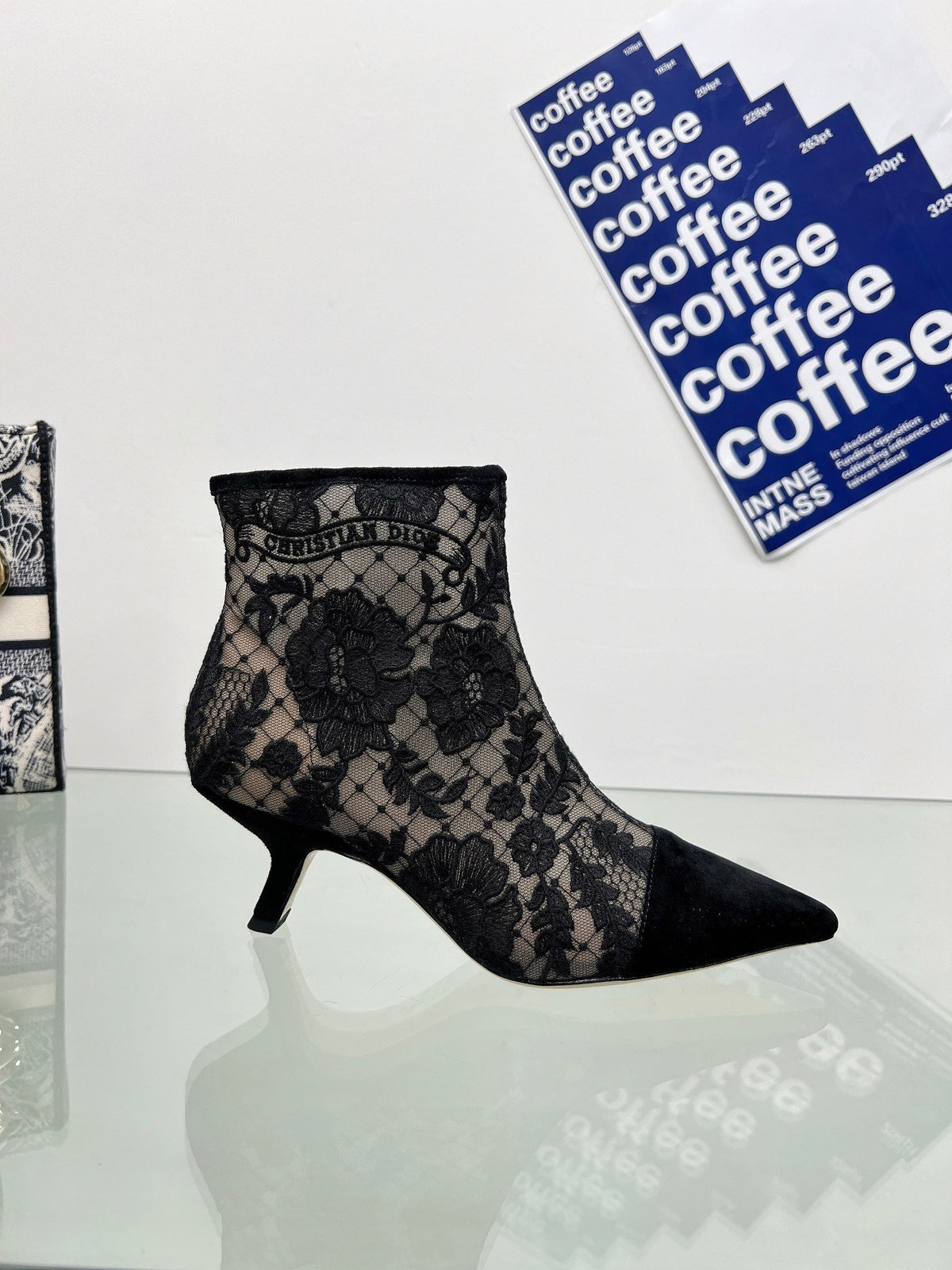 DIOR 25S POINTED-TOE ANKLE BOOTS 50 MM IN BLACK MESH TULLE AND SUEDE