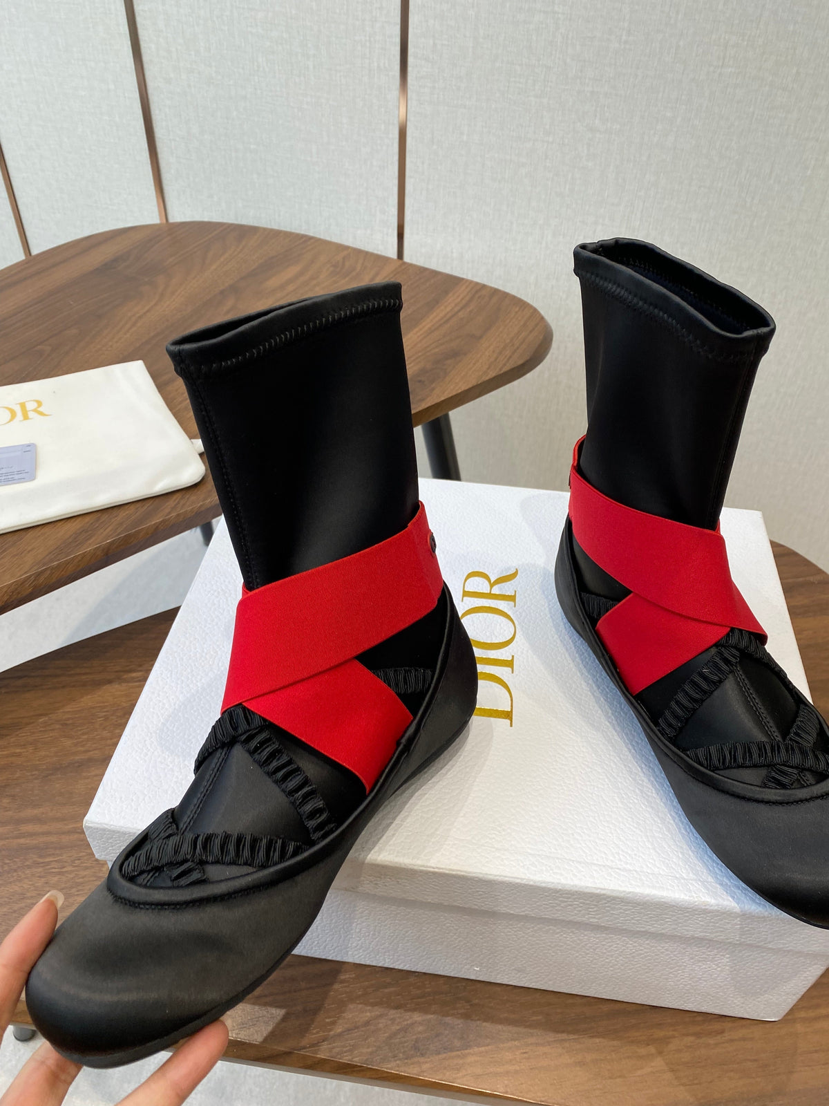 DIOR 25S STRETCH BALLET BOOTS IN BLACK AND RED SATIN