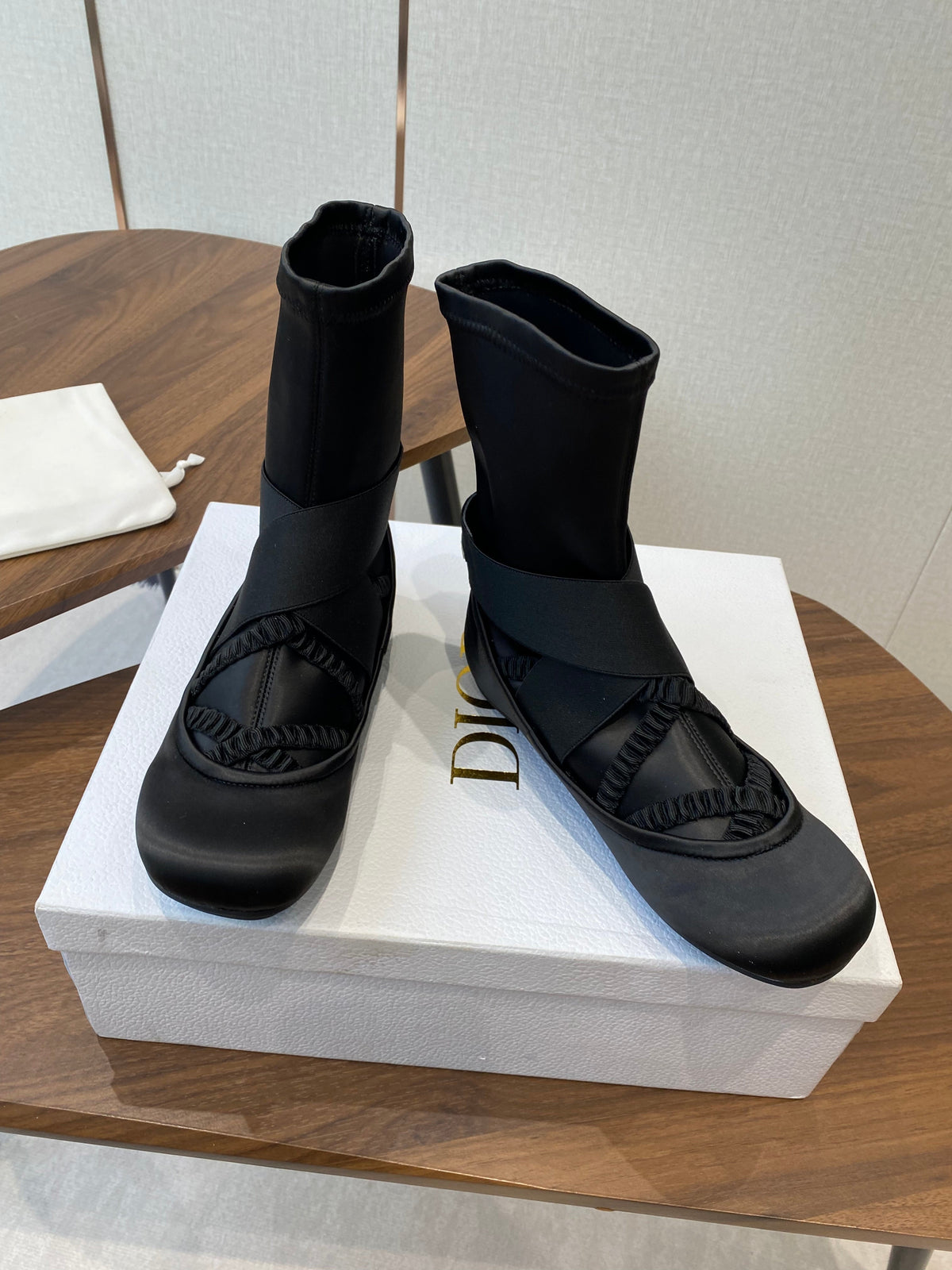 DIOR 25S STRETCH BALLET BOOTS IN BLACK FULL SATIN