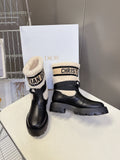 DIOR 25S D-MAJOR ANKLE BOOTS IN BLACK LAMBSKIN AND CREAM WHITE WOOL