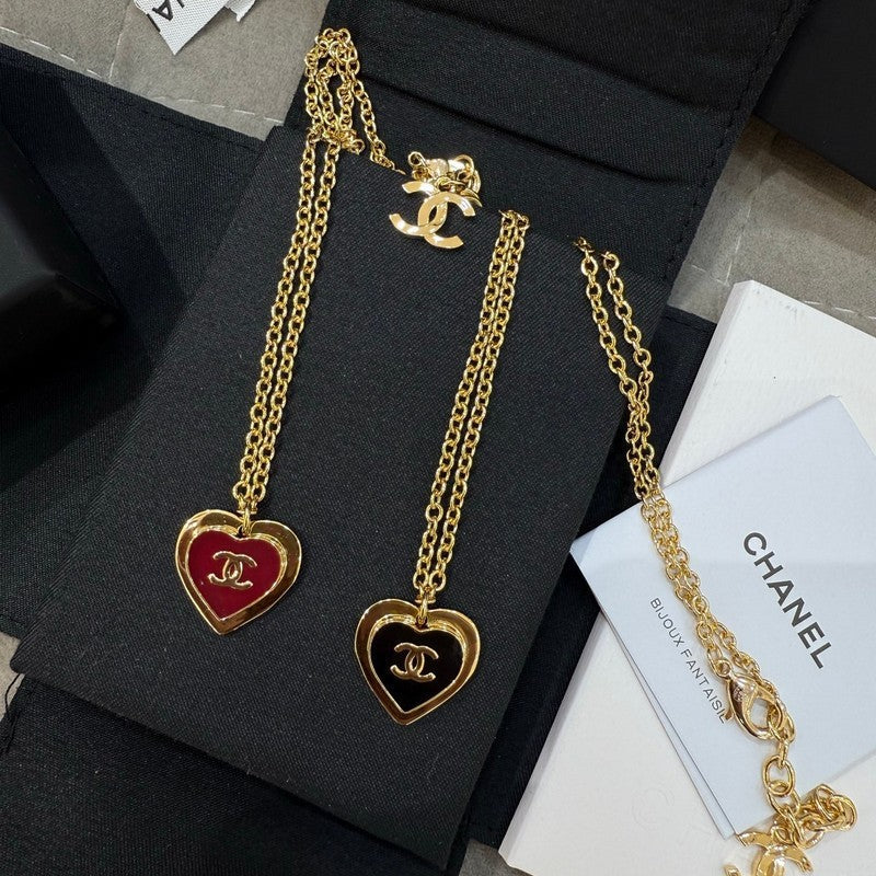 18K  Chanel Black & Red Heart Gold Necklace