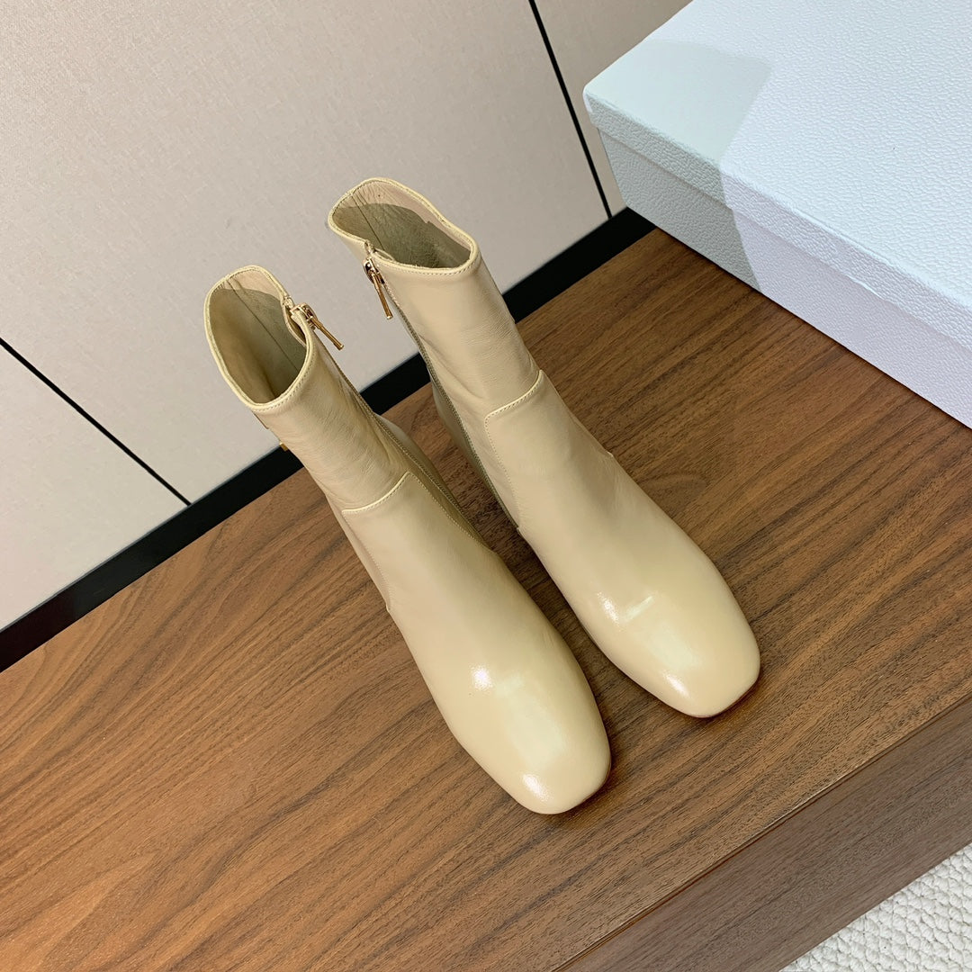 DIOR 25S ANKLE BOOTS 80 MM IN BEIGE CALFSKIN WITH GOLD HARDWARE
