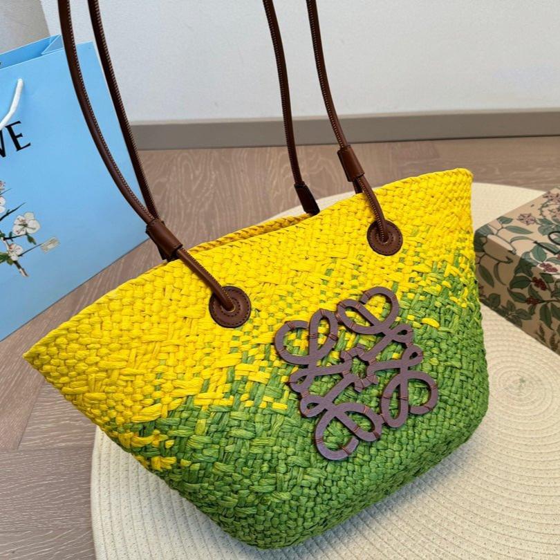 LOE SMALL ANAGRAM BASKET 28 BAG IN YELLOW MIX GREEN IRACA PALM AND CALFSKIN