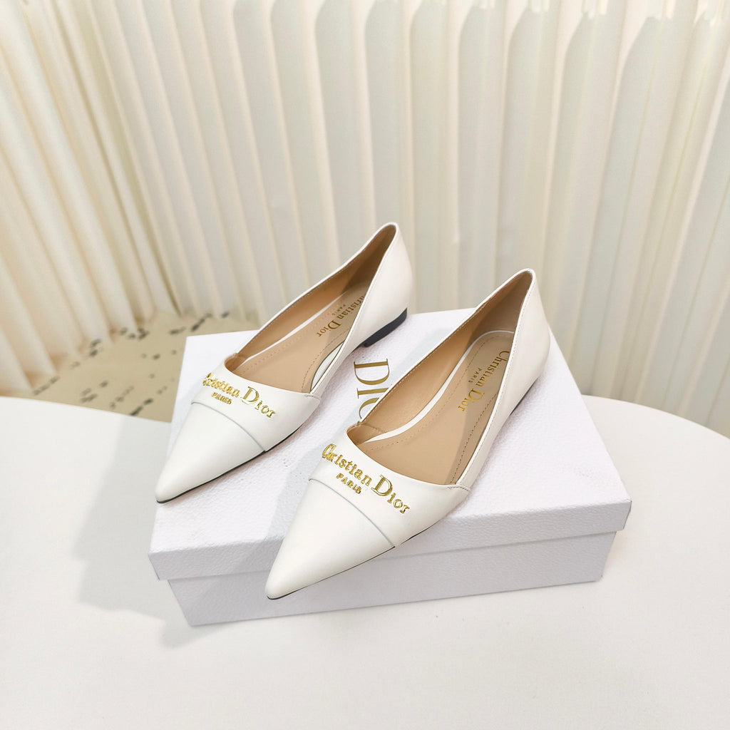 DIOR POINTED BALLET FLATS 25S IN WHITE CALFSKIN WITH GOLD HARDWARE