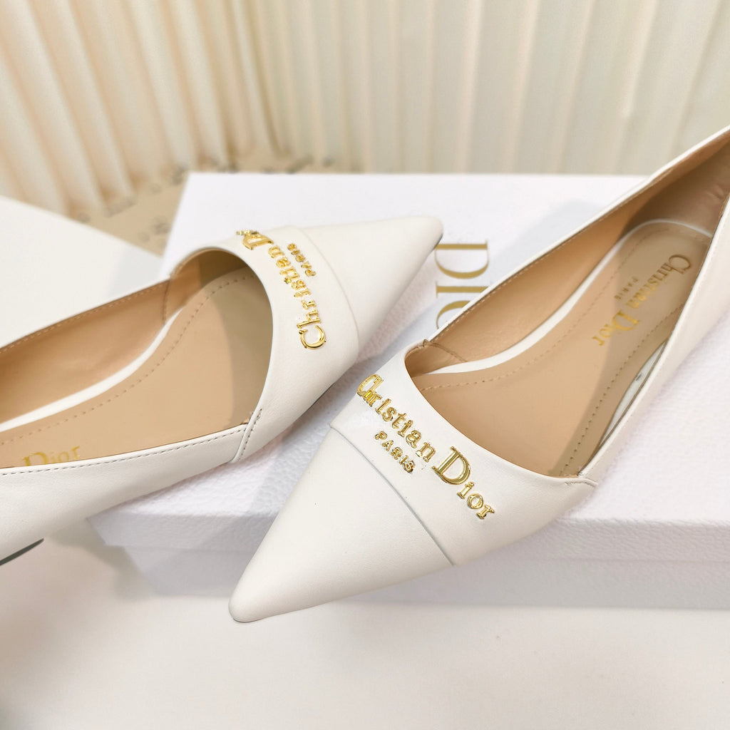 DIOR POINTED BALLET FLATS 25S IN WHITE CALFSKIN WITH GOLD HARDWARE