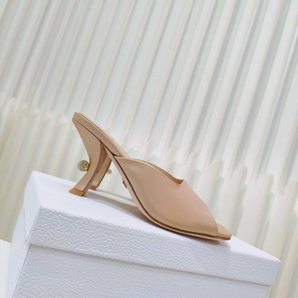 DIOR EMBELLISHED HIGH HEEL SLIDES 25S IN LIGHT BEIGE SATIN