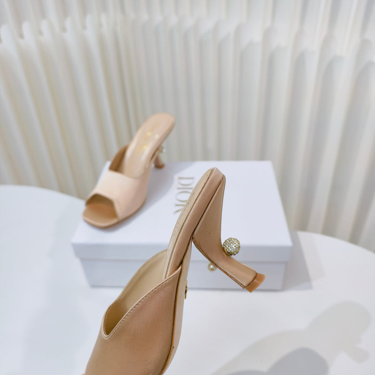 DIOR EMBELLISHED HIGH HEEL SLIDES 25S IN LIGHT BEIGE SATIN