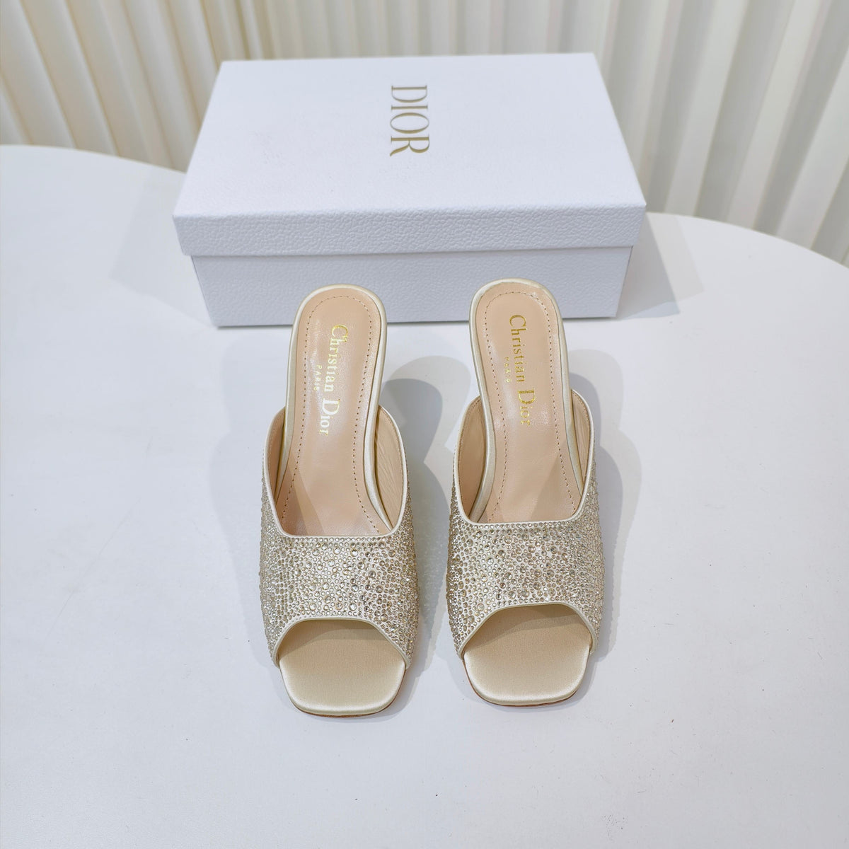 DIOR EMBELLISHED HIGH HEEL SLIDES 25S IN LIGHT BEIGE SATIN AND CALFSKIN