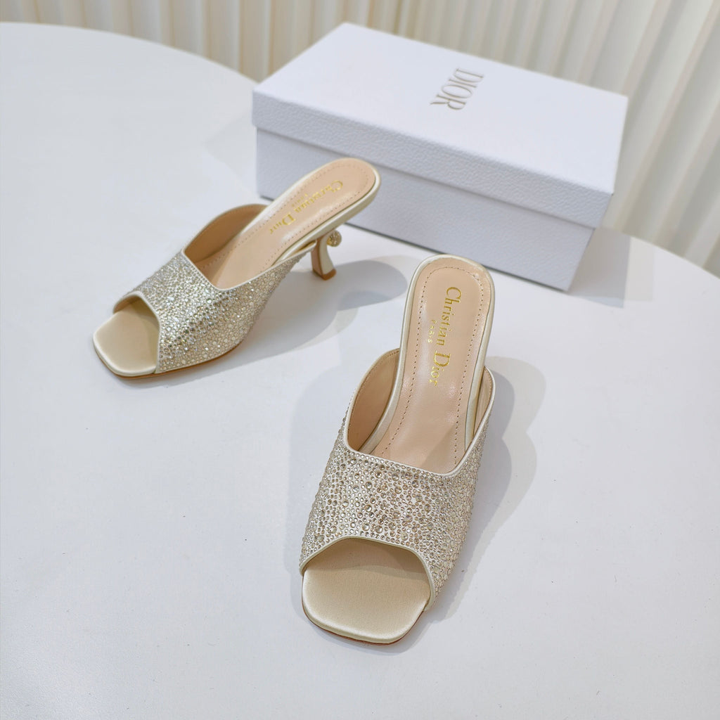 DIOR EMBELLISHED HIGH HEEL SLIDES 25S IN LIGHT BEIGE SATIN AND CALFSKIN