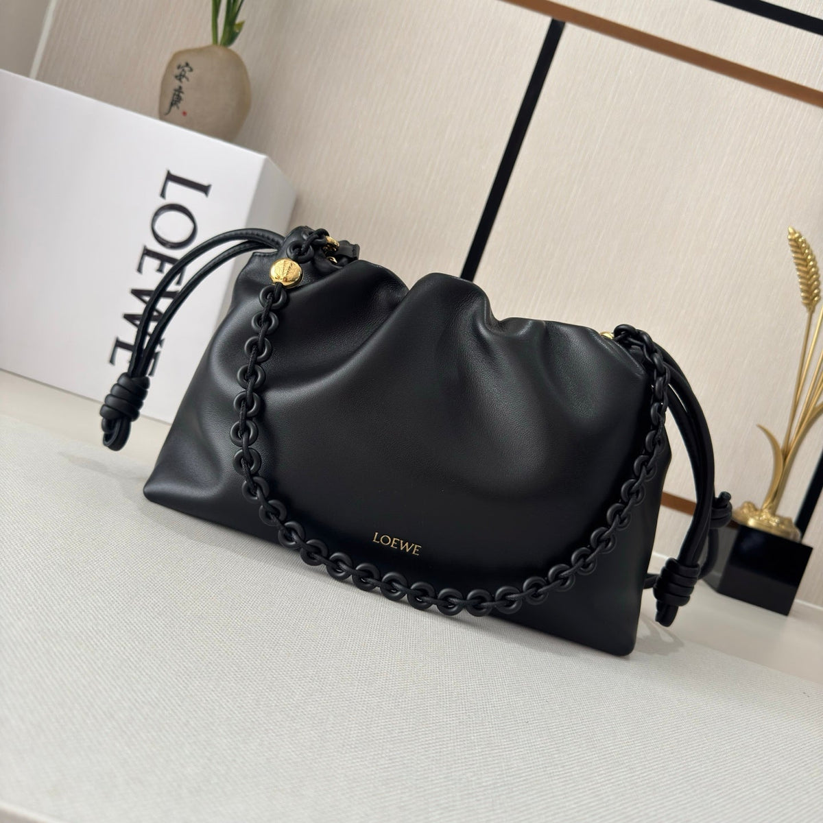LOEWE 25S FLAMENCO PURSE 30 IN FULL BLACK NAPPA LEATHER GOLD HARDWARE