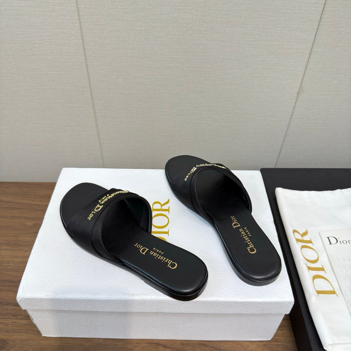 DIOR SANDAL 25S IN BLACK LAMBSKIN AND FABRIC WITH GOLD HARDWARE