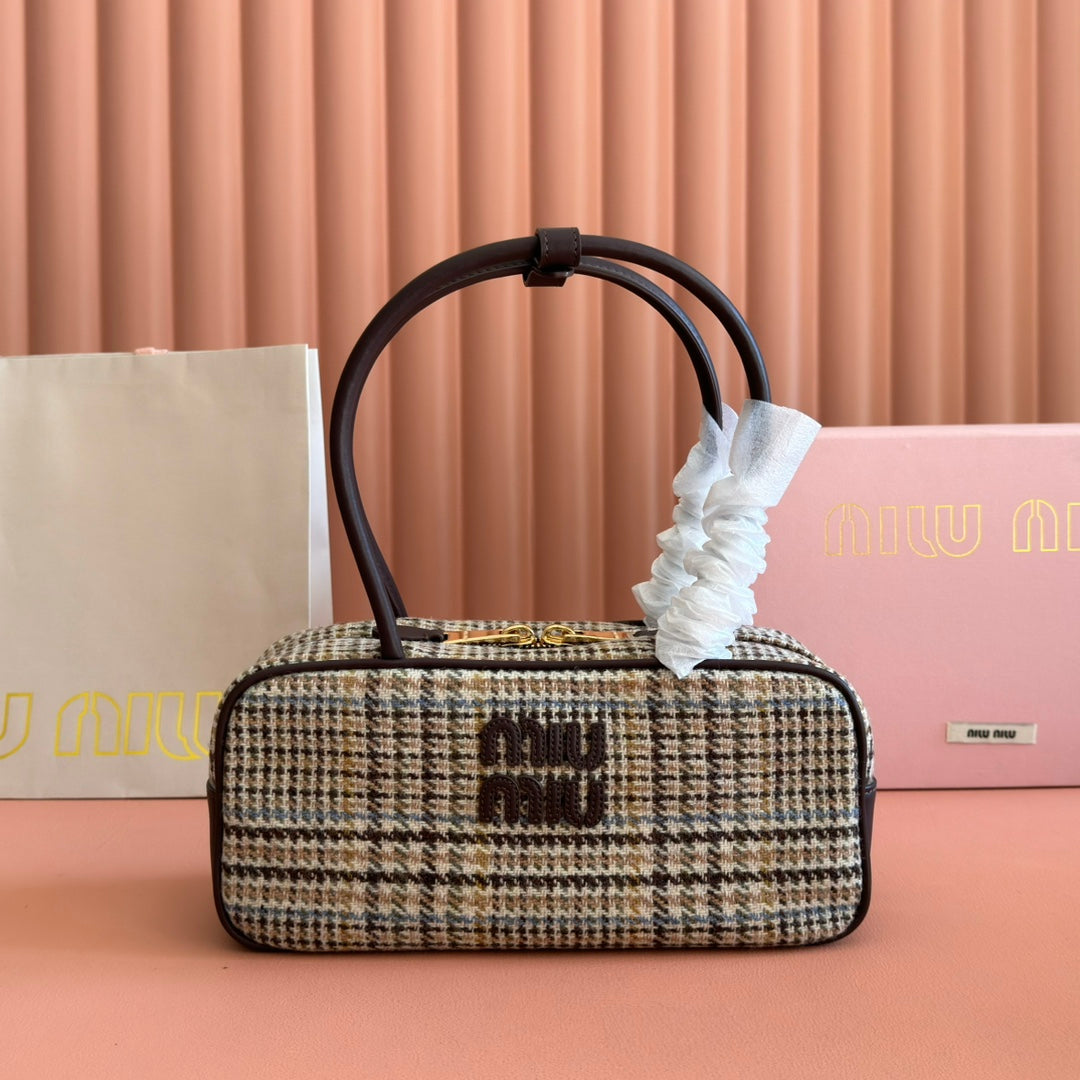 MIUMIU 26S BEAU CANVAS BAG 28 IN MULTICOLOR WOOL AND BROWN CALFSKIN