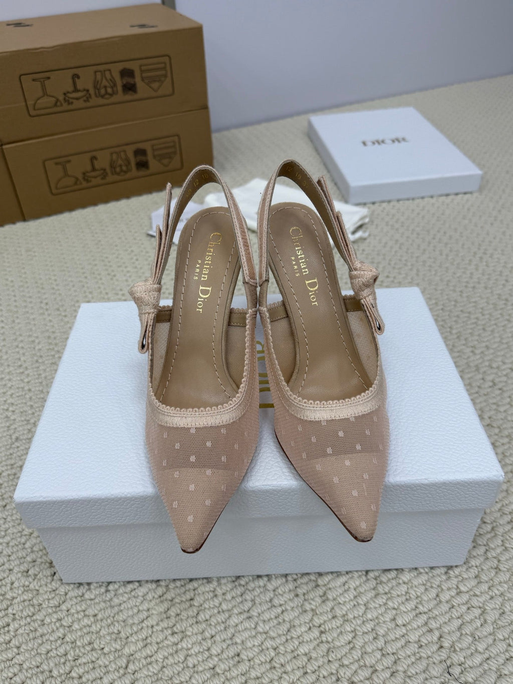 DIOR HIGH SLINGBACK 100 MM 25S IN NUDE LACE NET FABRIC AND SUEDE