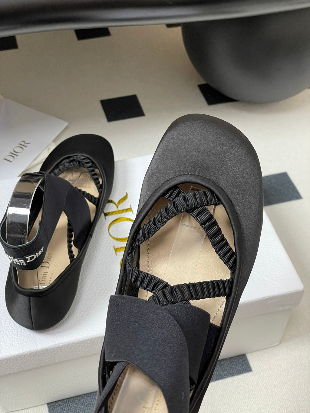 DIOR STRETCH BALLET FLATS 25S IN BLACK FABRIC WITH CROSSED STRAPS