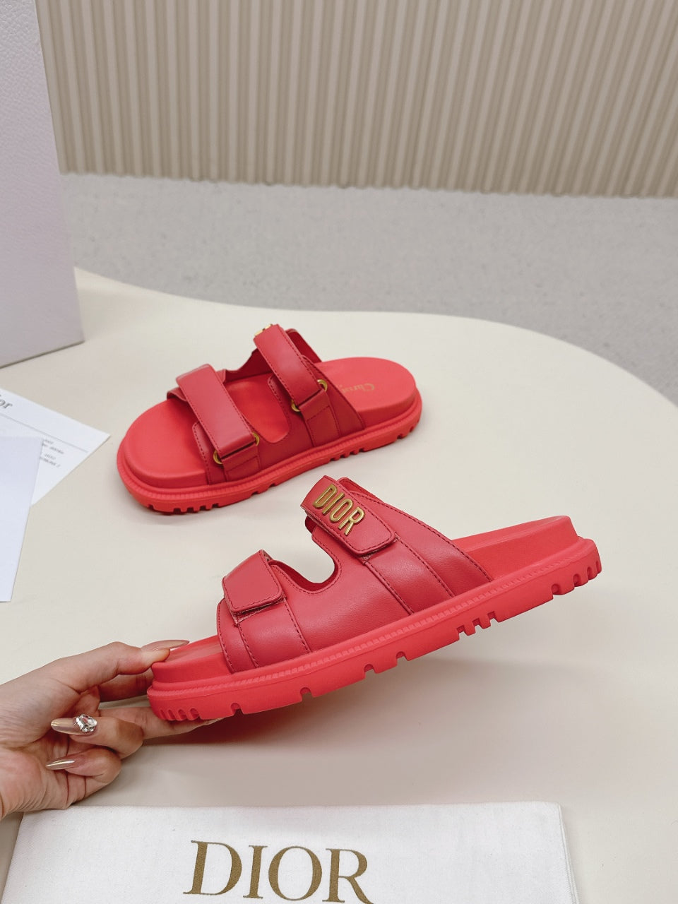 DIOR CLASSIC DOUBLE-STRAP SLIDES 25S IN STRAWBERRY PINK CALFSKIN