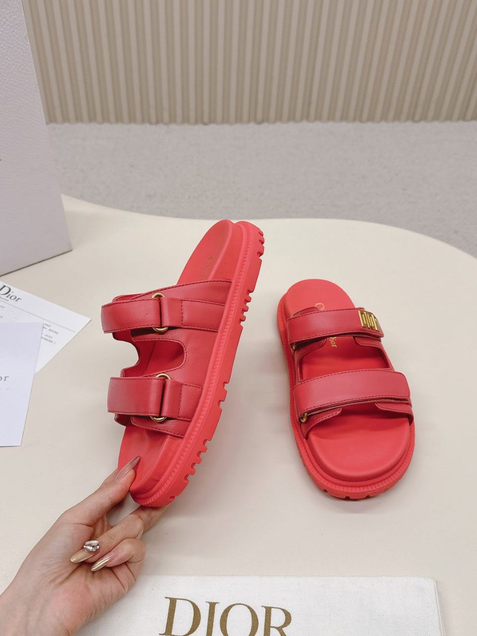 DIOR CLASSIC DOUBLE-STRAP SLIDES 25S IN STRAWBERRY PINK CALFSKIN
