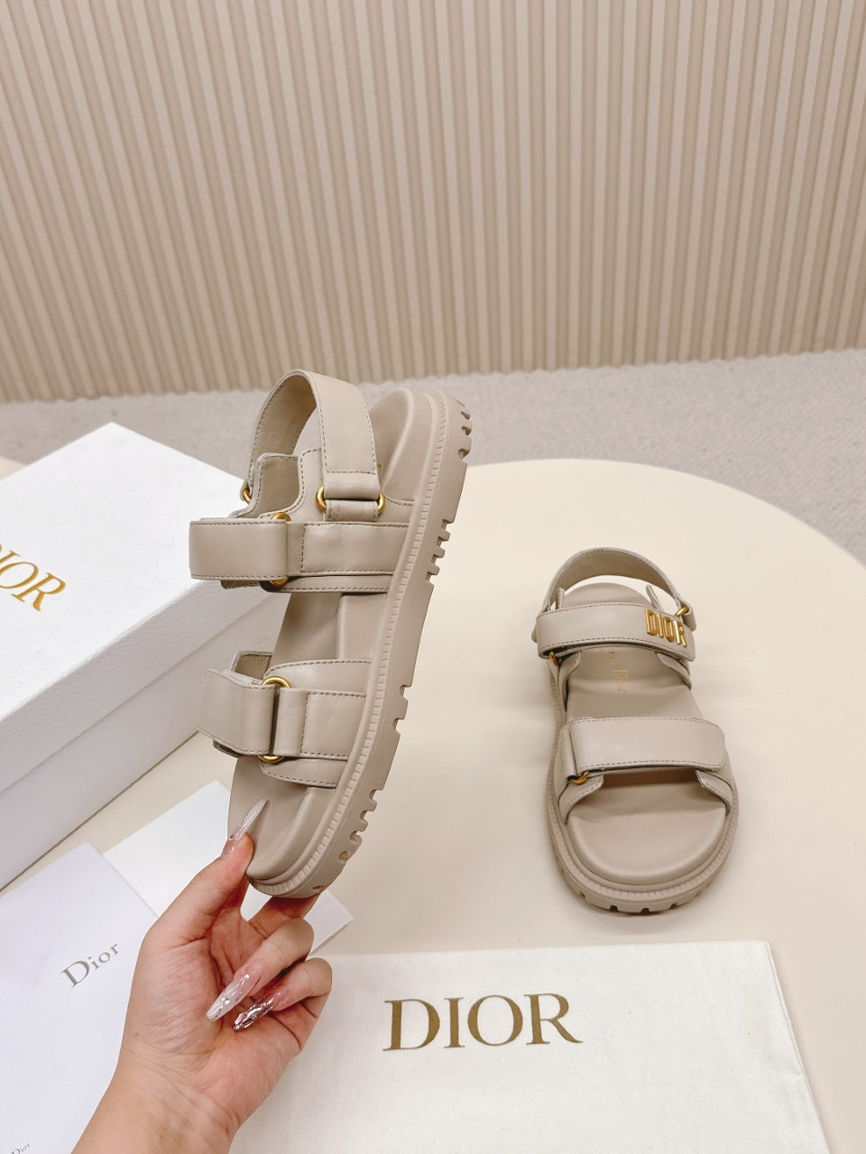 DIOR BACK-STRAP SANDALS 25S IN LIGHT BEIGE CALFSKIN WITH GOLD HARDWARE