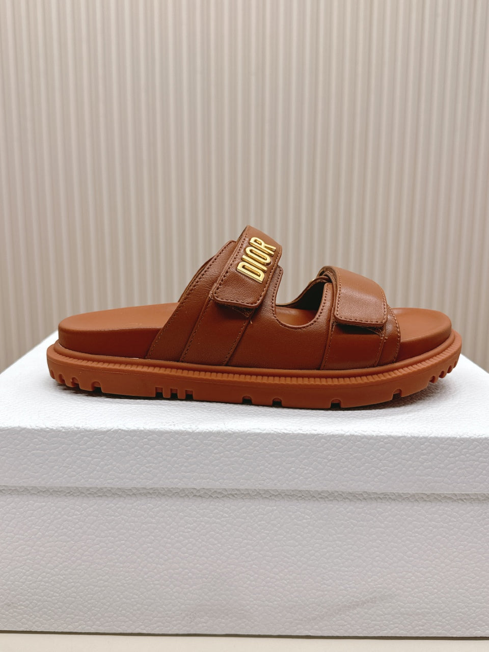 DIOR CLASSIC DOUBLE-STRAP SLIDES 25S IN BROWN CALFSKIN