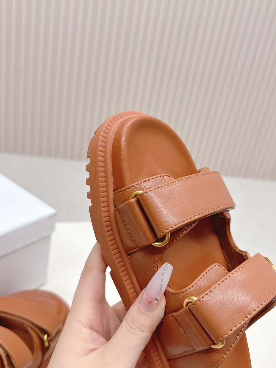 DIOR CLASSIC DOUBLE-STRAP SLIDES 25S IN BROWN CALFSKIN
