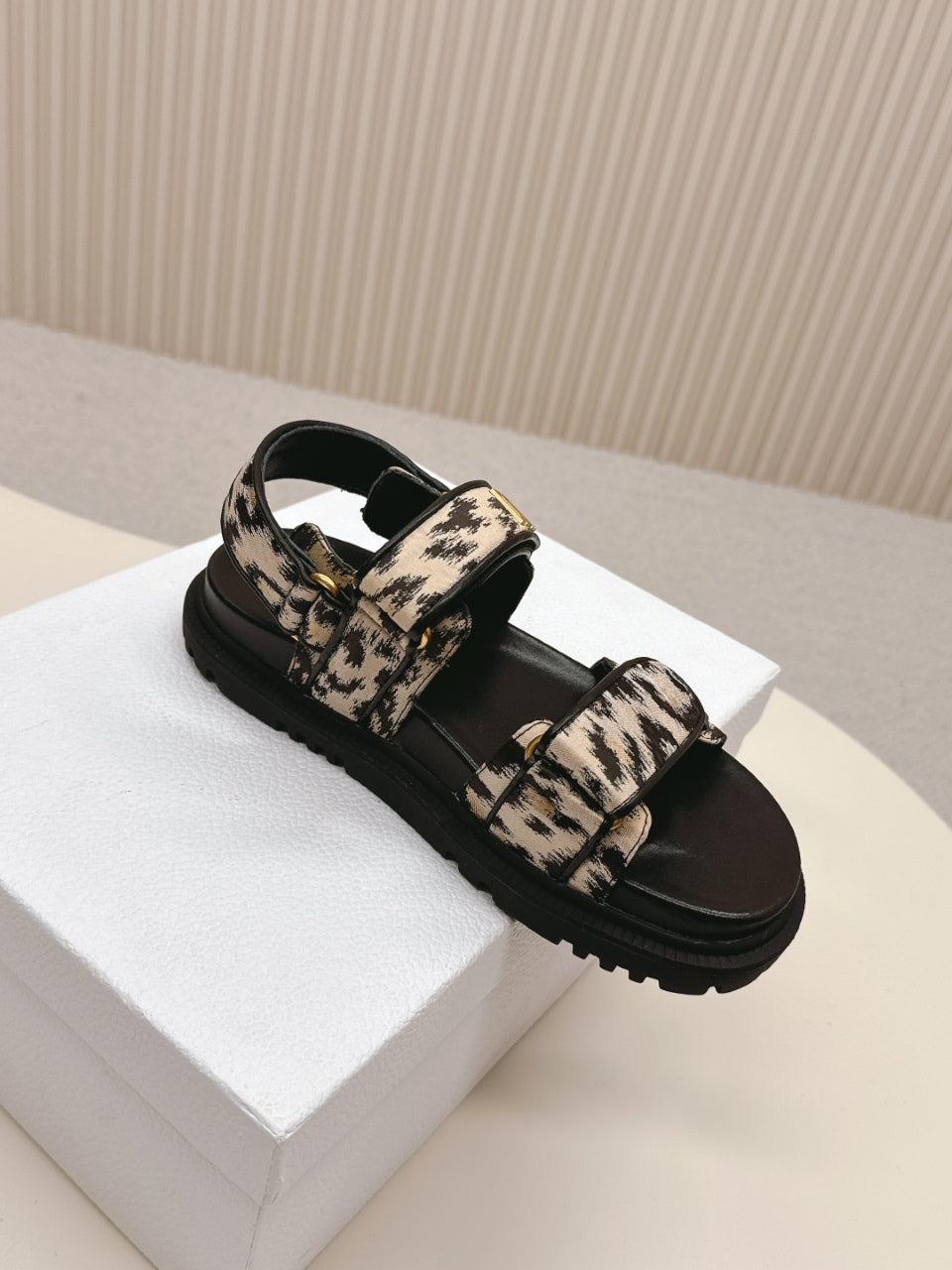 DIOR BACK-STRAP SANDALS 25S IN BLACK MIX LEOPARD PRINT FABRIC AND CALFSKIN WITH GOLD HARDWARE