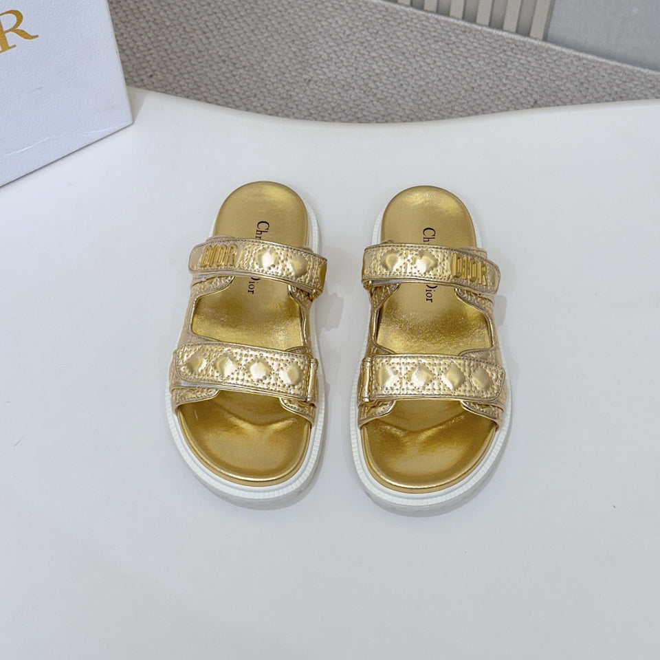 DIOR CLASSIC DOUBLE-STRAP SLIDES 25S IN GOLD CALFSKIN