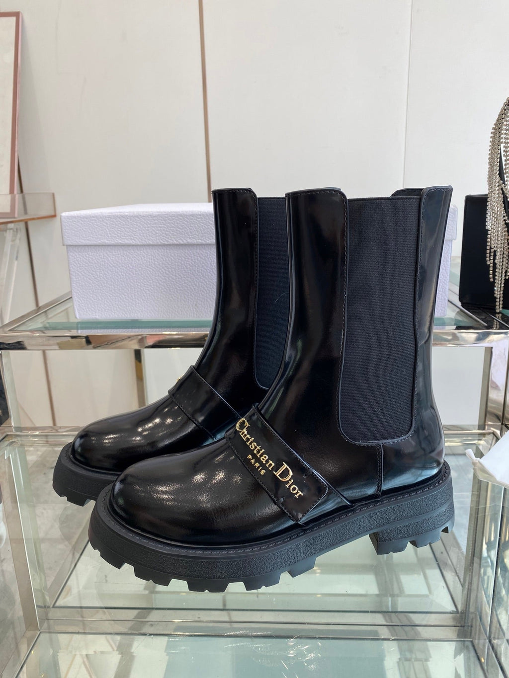 DIOR 25S D-QUEST ANKLE BOOT 35MM IN BLACK GLOSSY CALFSKIN GOLD HARDWARE