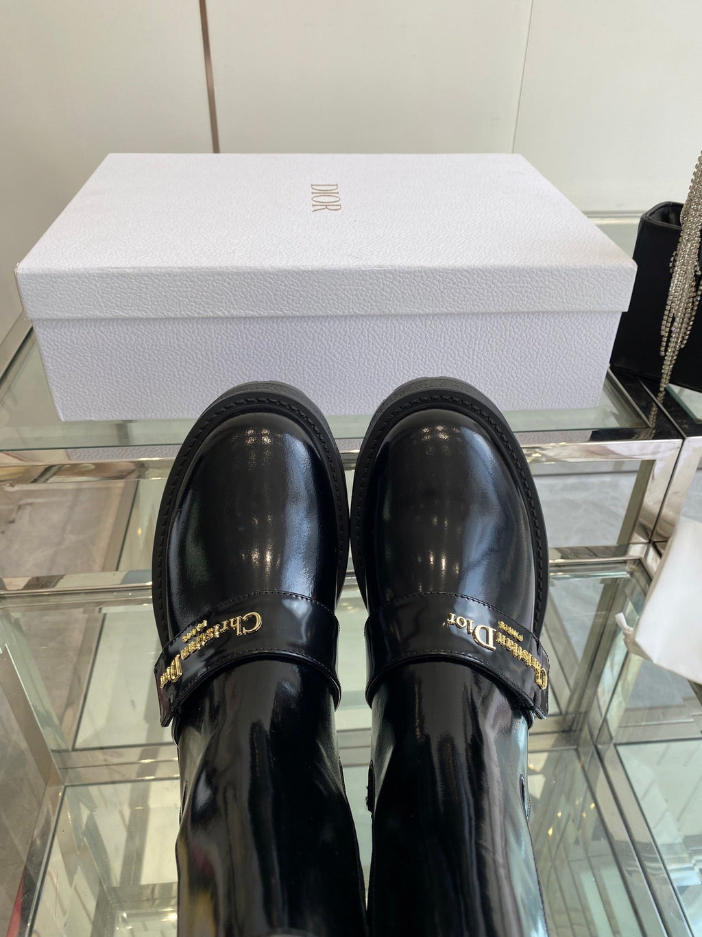 DIOR 25S D-QUEST ANKLE BOOT 35MM IN BLACK GLOSSY CALFSKIN GOLD HARDWARE