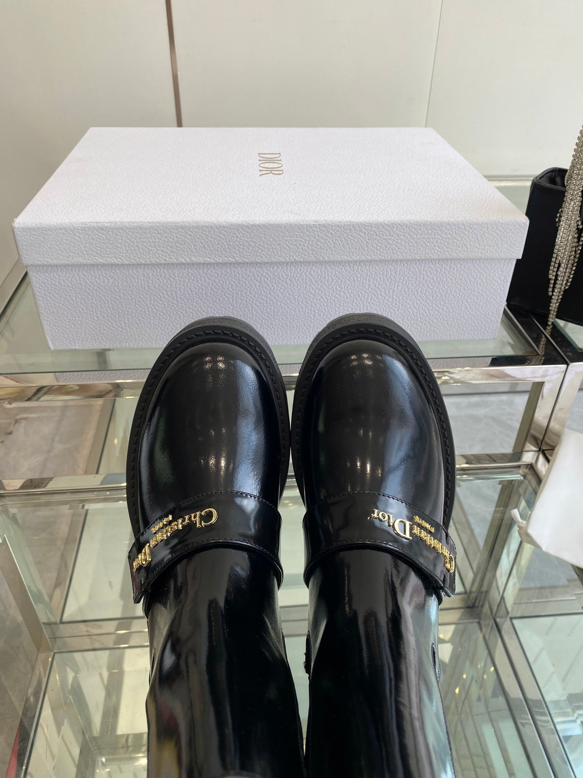 DIOR 25S D-QUEST ANKLE BOOT 35MM IN BLACK GLOSSY CALFSKIN GOLD HARDWARE