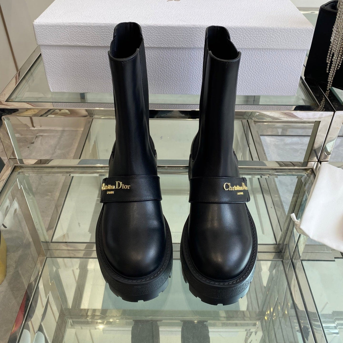 DIOR 25S D-QUEST ANKLE BOOT 35MM IN BLACK CALFSKIN GOLD HARDWARE