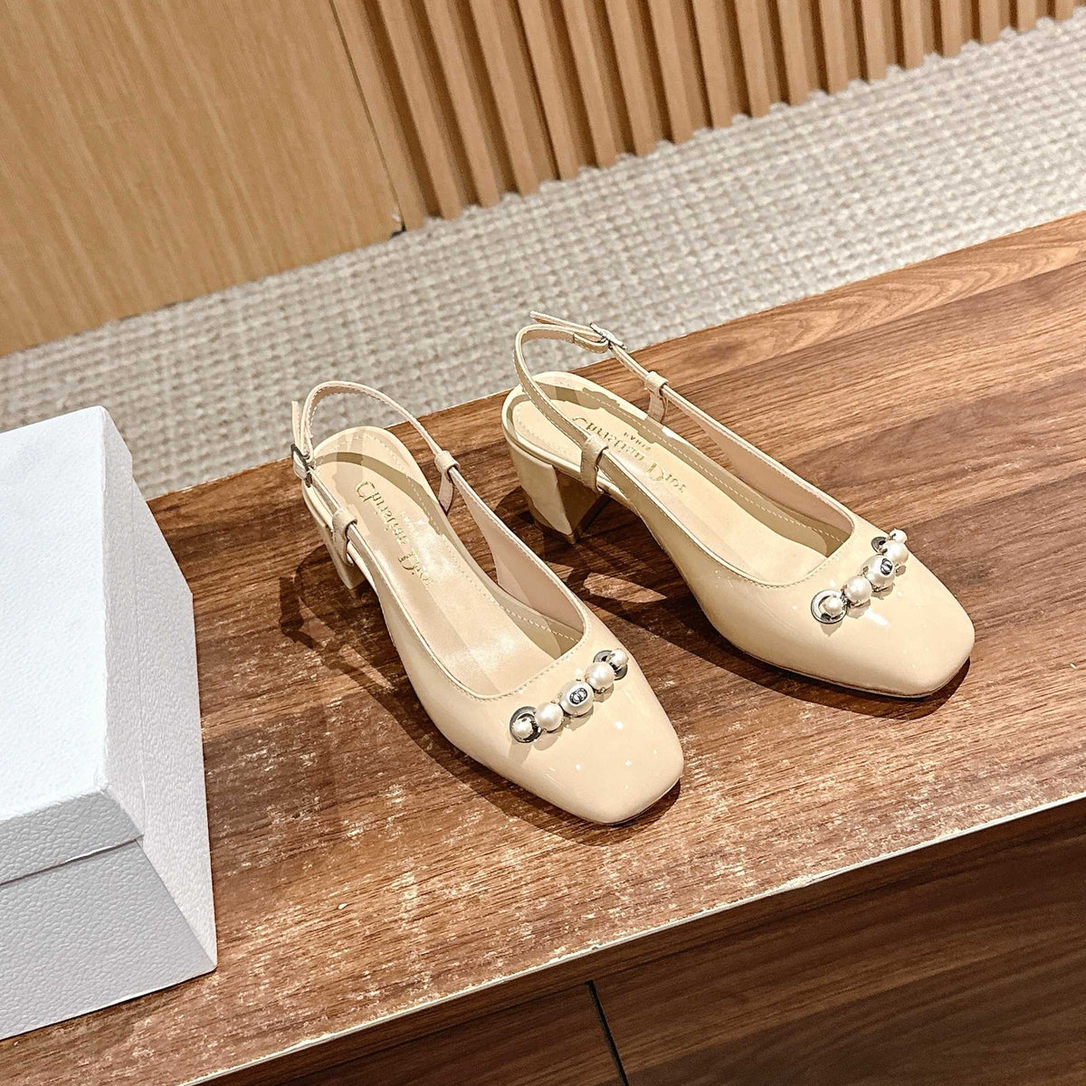 DIOR HIGH SLINGBACK 55 MM 25S IN BEIGE LAMBSKIN PEARL DETAILING