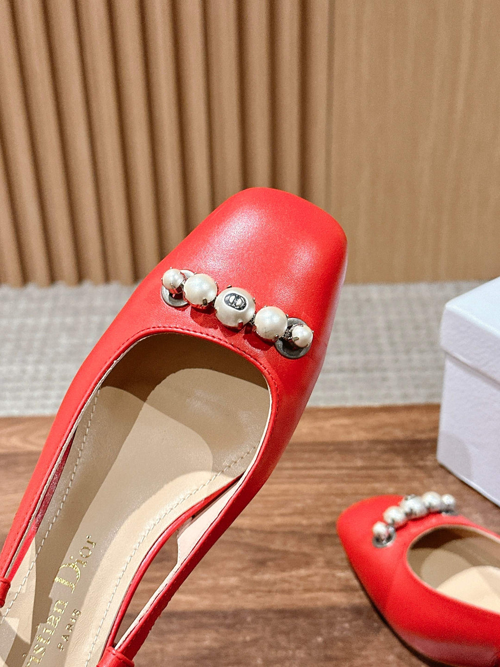 DIOR HIGH SLINGBACK 55 MM 25S IN RED LAMBSKIN PEARL DETAILING