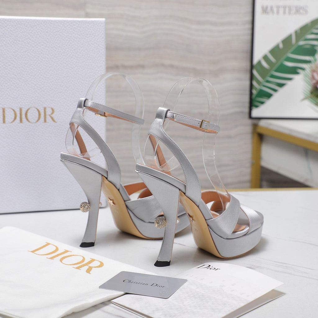 DIOR PEARL-EMBELLISHED HIGH HEEL SANDALS 25S 115 MM IN SILVER SATIN