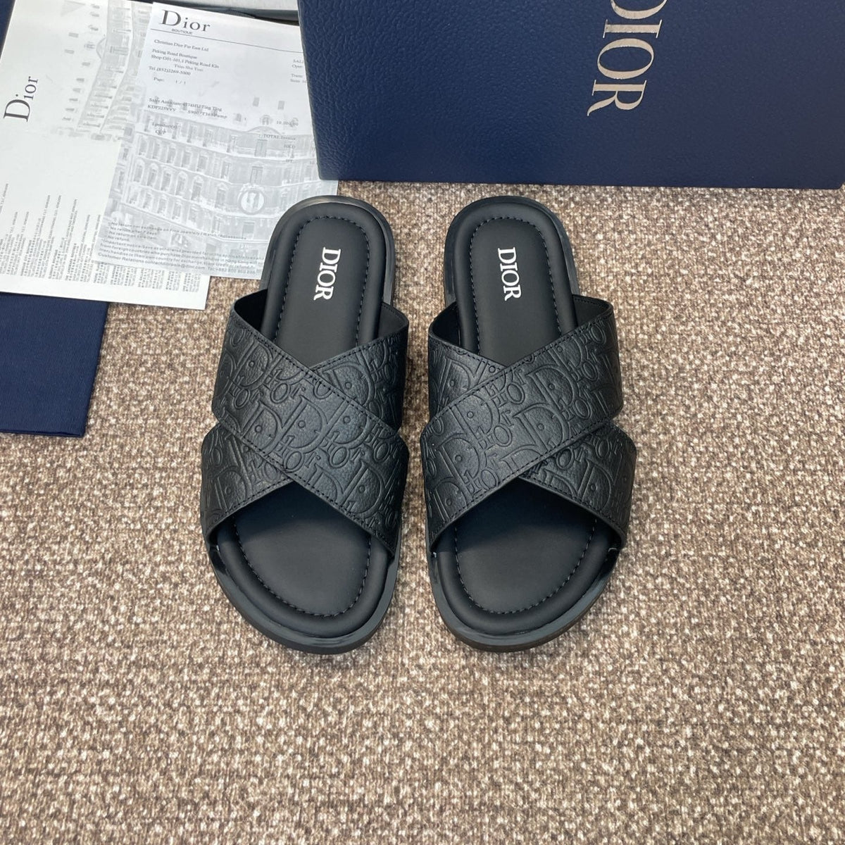 DIOR 25S ALIAS CROSS-STRAP SLIDES IN BLACK CALFSKIN
