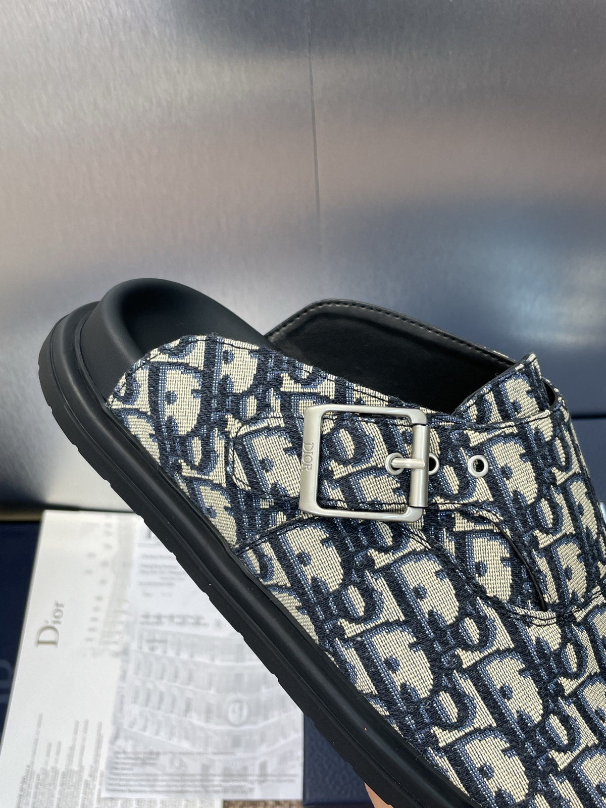 DIOR 25S AQUA MULES WITH OBLIQUE PATTERN IN DEEP BLUE CANVAS