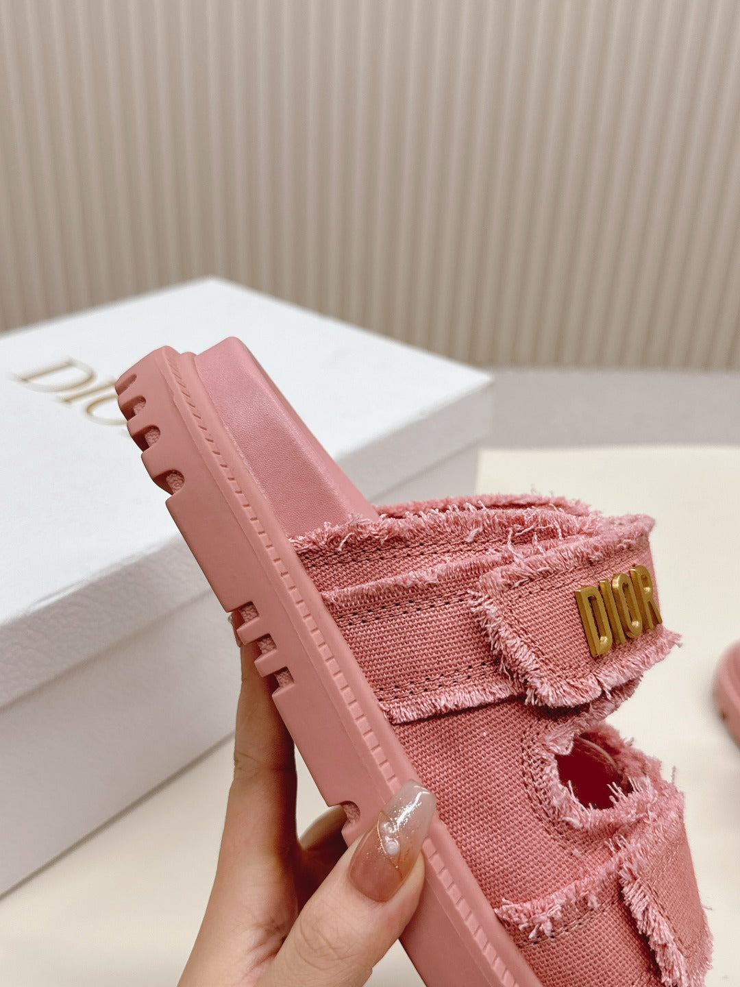 DIOR CLASSIC DOUBLE-STRAP SLIDES 25S IN PEACHY PINK DENIM AND CALFSKIN